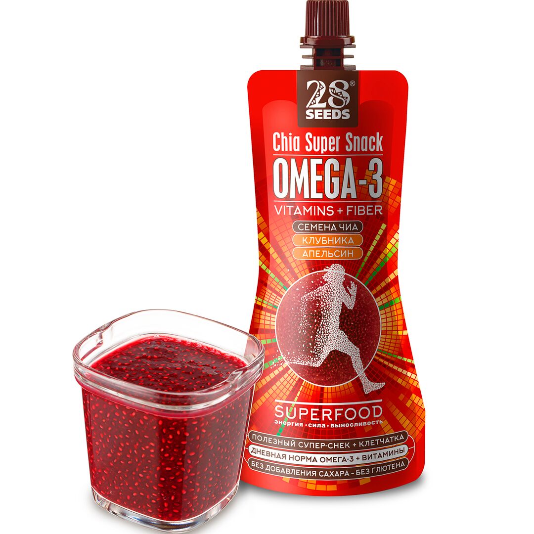 Супер-снек 28SEEDS, смузи без сахара Чиа Омега-3 Клубника-Апельсин, омега 6, клетчатка, протеин, Полезное фруктовое пюре, Веган суперфуд, изображение 3
