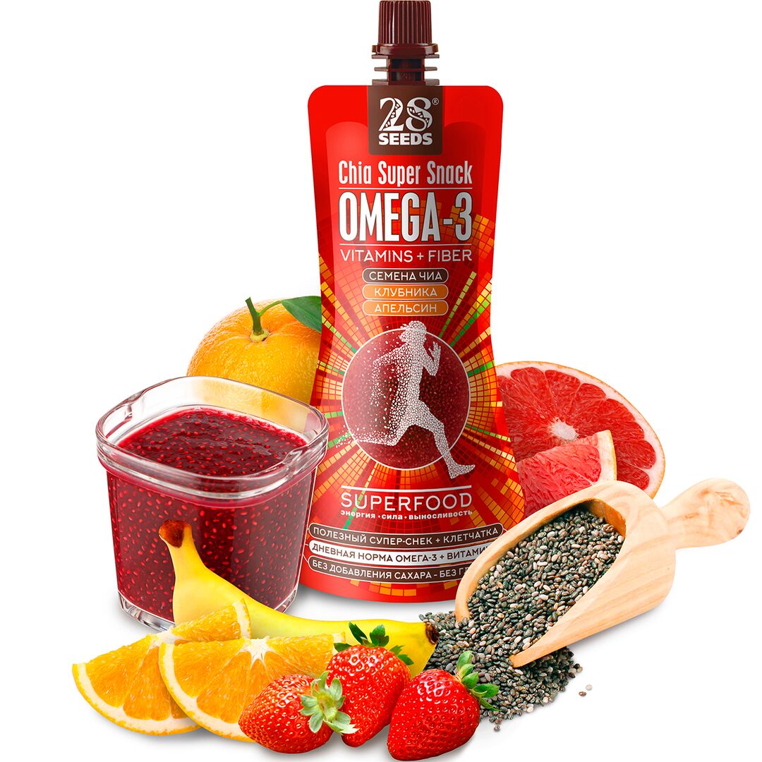 Супер-снек 28SEEDS, смузи без сахара Чиа Омега-3 Клубника-Апельсин, омега 6, клетчатка, протеин, Полезное фруктовое пюре, Веган суперфуд, изображение 2