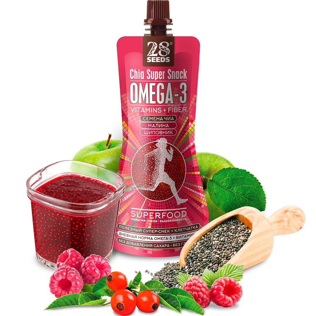 Супер-снек 28SEEDS, полезные смузи без сахара Чиа Омега-3 Малина-Шиповник, омега 6, клетчатка, протеин, фруктовое пюре, изображение 2