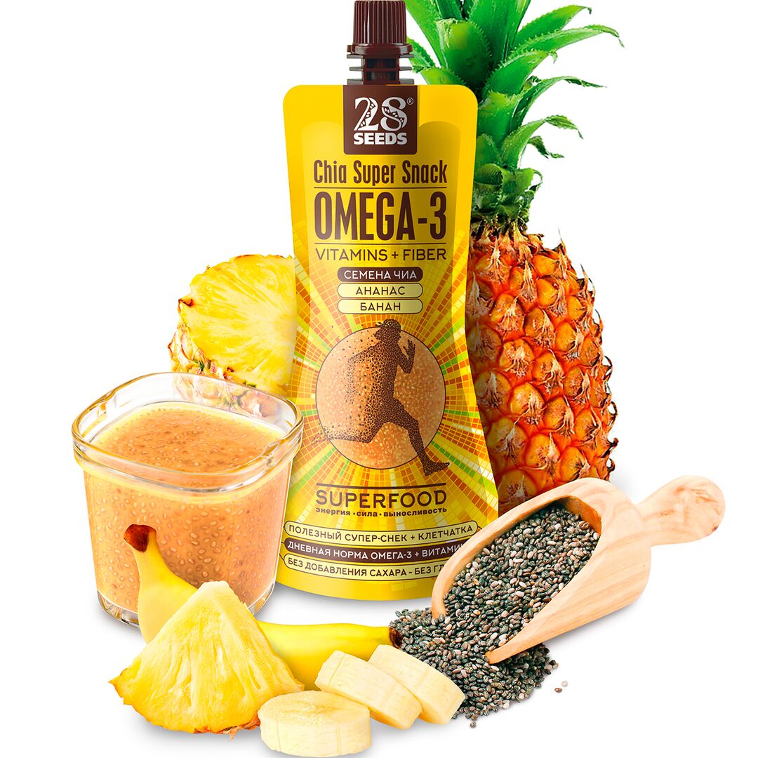 Супер-снек 28SEEDS, смузи без сахара Чиа Омега-3 Ананас и Банан, омега 6, клетчатка, протеин, Полезное фруктовое пюре, изображение 2