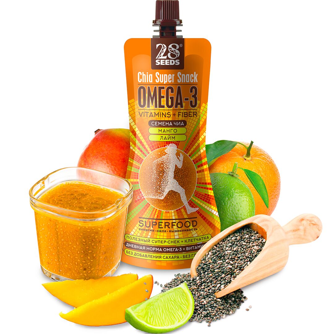Супер-снек 28SEEDS, смузи без сахара Чиа Омега-3 Манго и Лайм, омега 6, клетчатка, протеин, Полезное фруктовое пюре, изображение 2