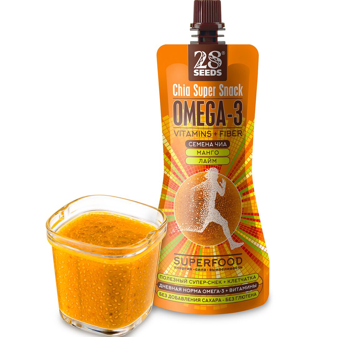 Супер-снек 28SEEDS, смузи без сахара Чиа Омега-3 Манго и Лайм, омега 6, клетчатка, протеин, Полезное фруктовое пюре, изображение 3