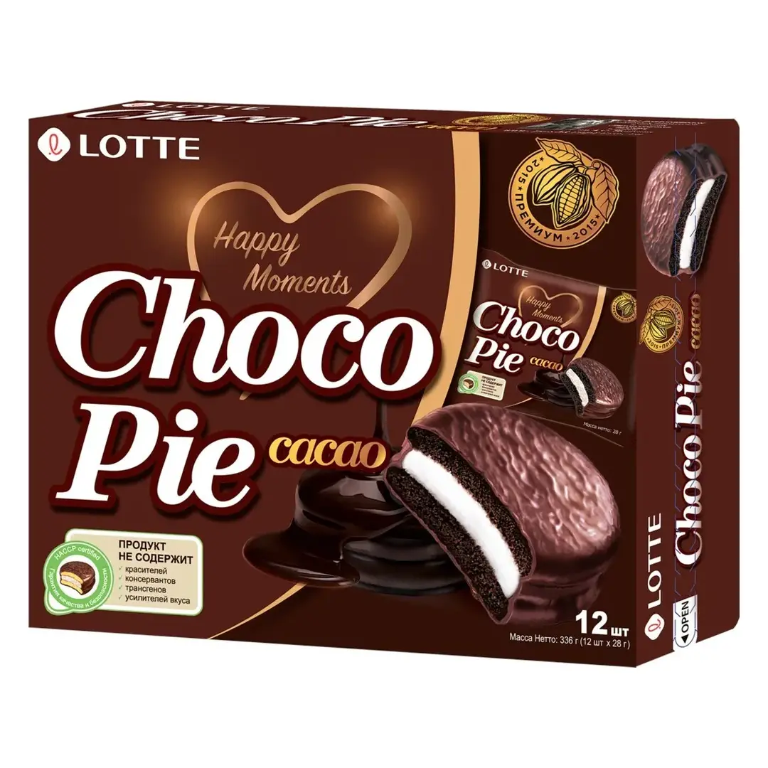 Пирожное LOTTE Choco Pie cacao бисквитное в шоколадной глазури, 12х28 г, 336 г - 4 упаковки