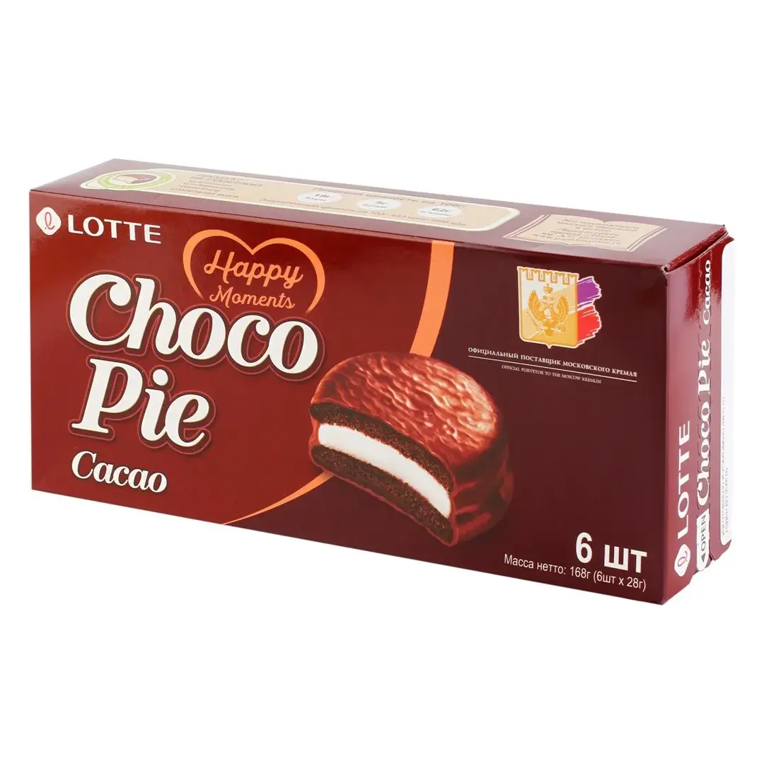 Пирожное LOTTE Choco Pie cacao бисквитное в шоколадной глазури, 6х28 г, 168 г - 5 упаковок, изображение 2