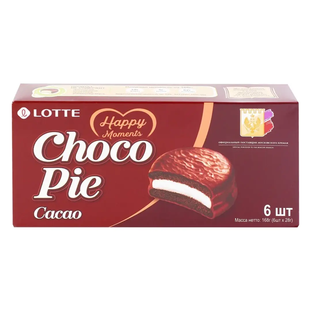 Пирожное LOTTE Choco Pie cacao бисквитное в шоколадной глазури, 6х28 г, 168 г - 5 упаковок