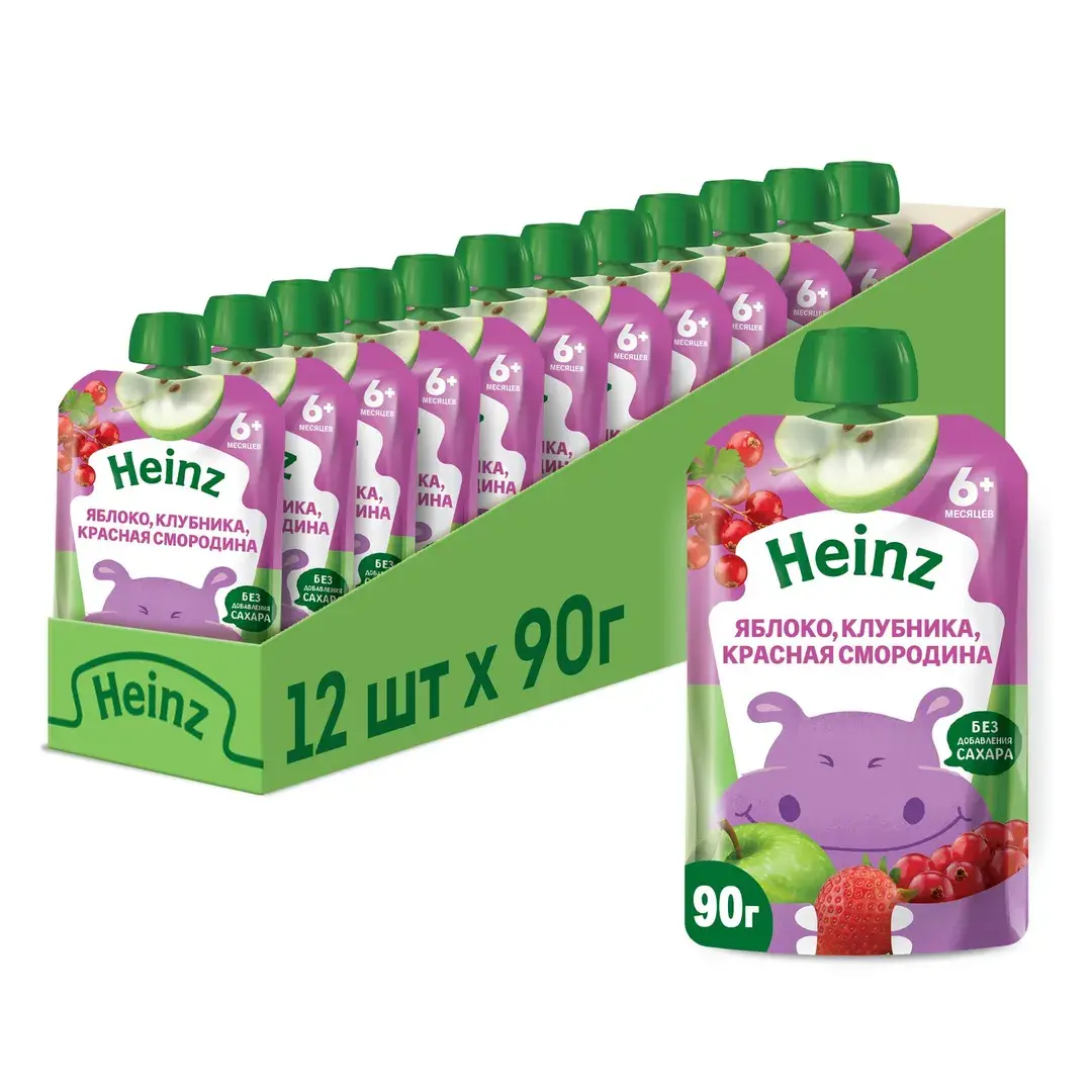 Пюре фруктовое Heinz с 6 месяцев, яблоко, клубника, красная смородина, 90 г x 12