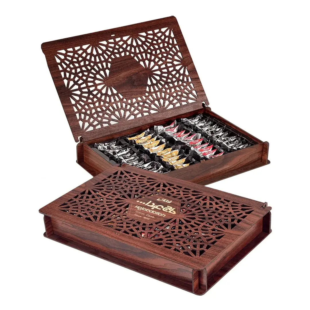 Конфеты Пишмание (пашмак, пашмала, халва хлопковая) ассорти со вкусом горького шоколада, ванили и капучино в шоколадной глазури и вкусом корицы в белой глазури в подарочной деревянной упаковке, 200г, изображение 2