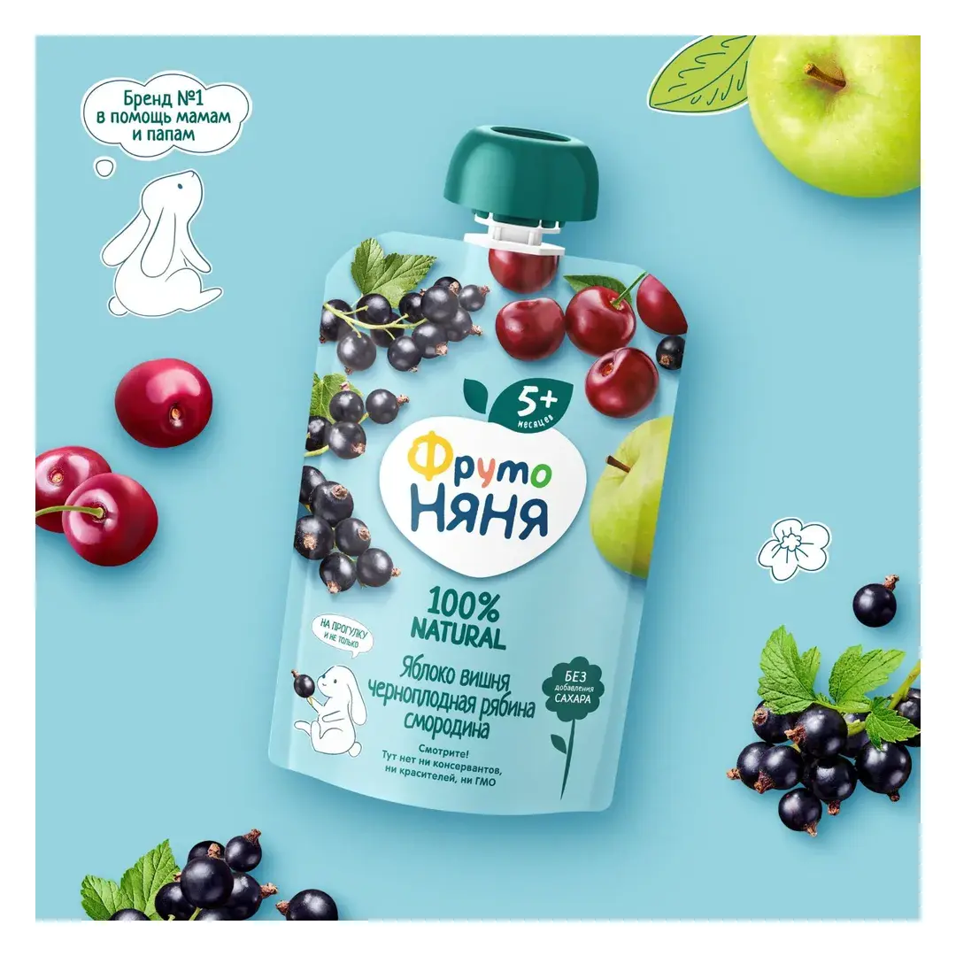 Пюре фруктовое ФрутоНяня с 5 месяцев, десерт из вишни, рябины, яблока и смородины, 90 г, изображение 3