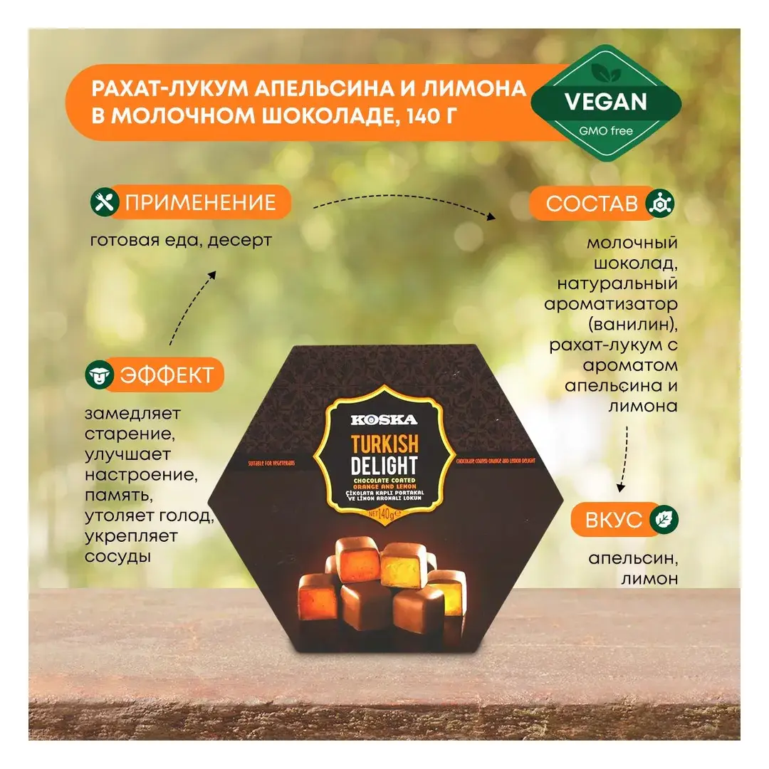 Рахат-лукум (турецкая сладость) со вкусом апельсина и лимона в молочном шоколаде, Koska, 140г, изображение 2