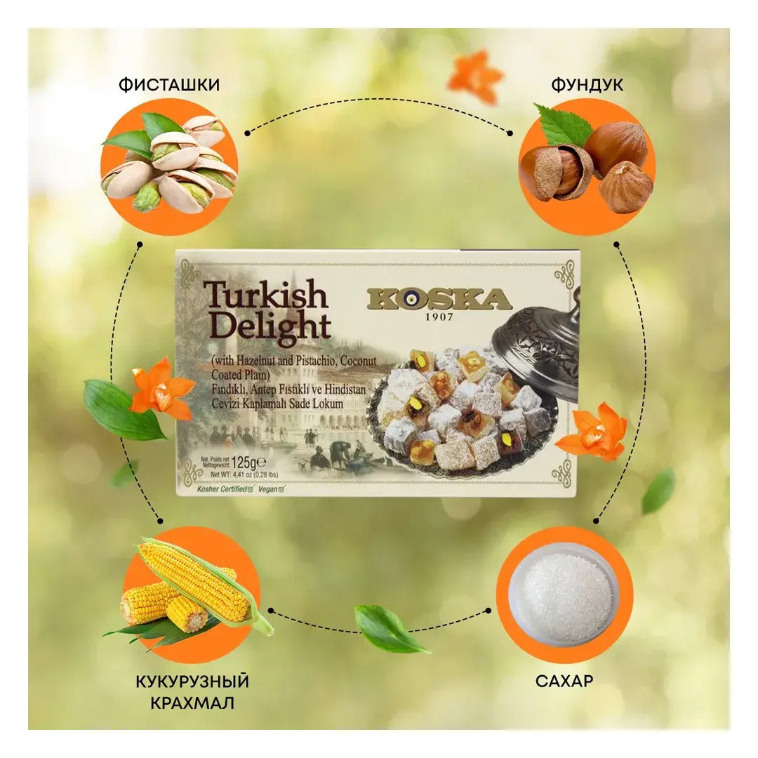 Рахат-лукум с фундуком, фисташками и кокосом Koska 125 г, изображение 3