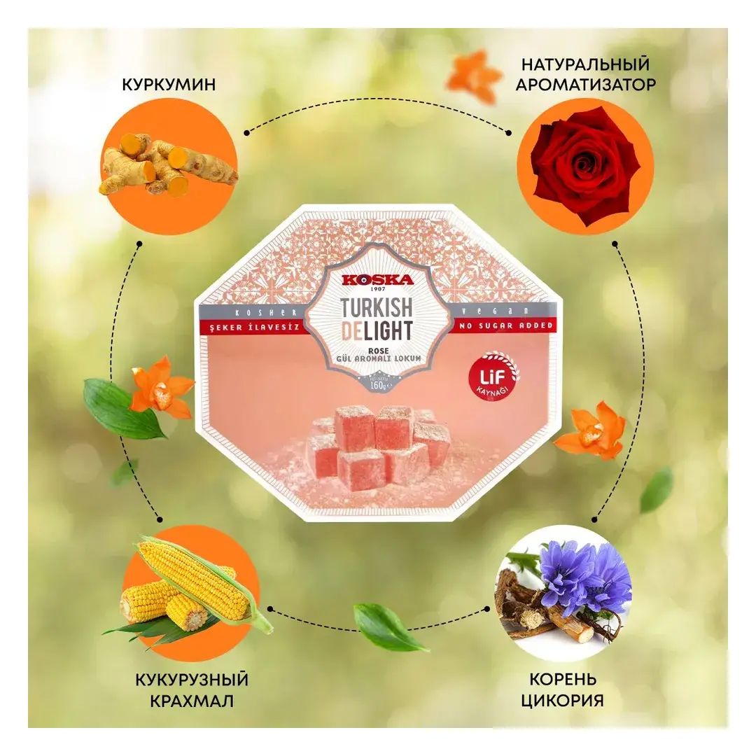 Рахат-лукум (турецкая сладость) со вкусом розы, Koska, 160г, изображение 3