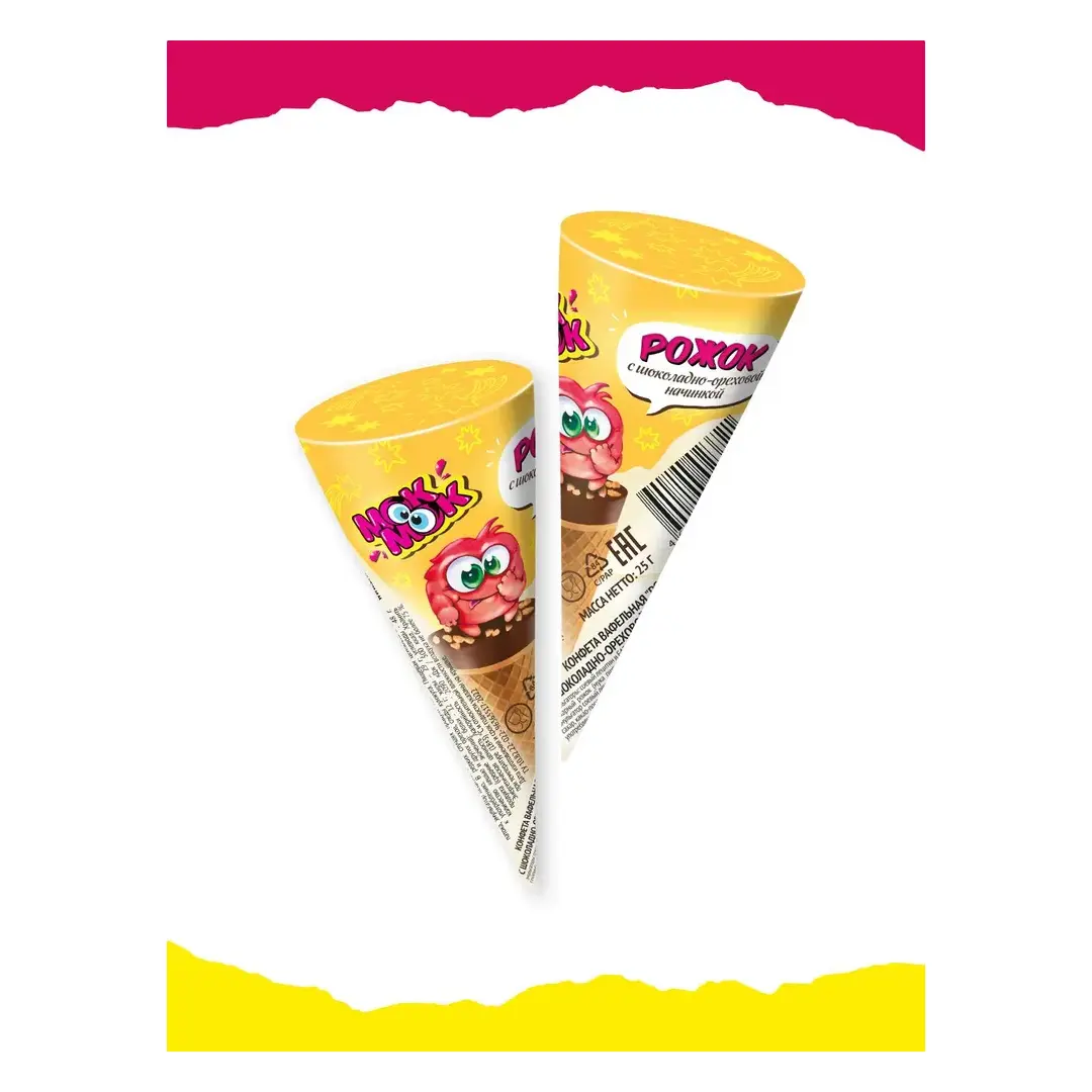 Конфеты детские Мок Мок вафельные рожки с шоколадом и орехами, 20 шт по 25 г, изображение 4