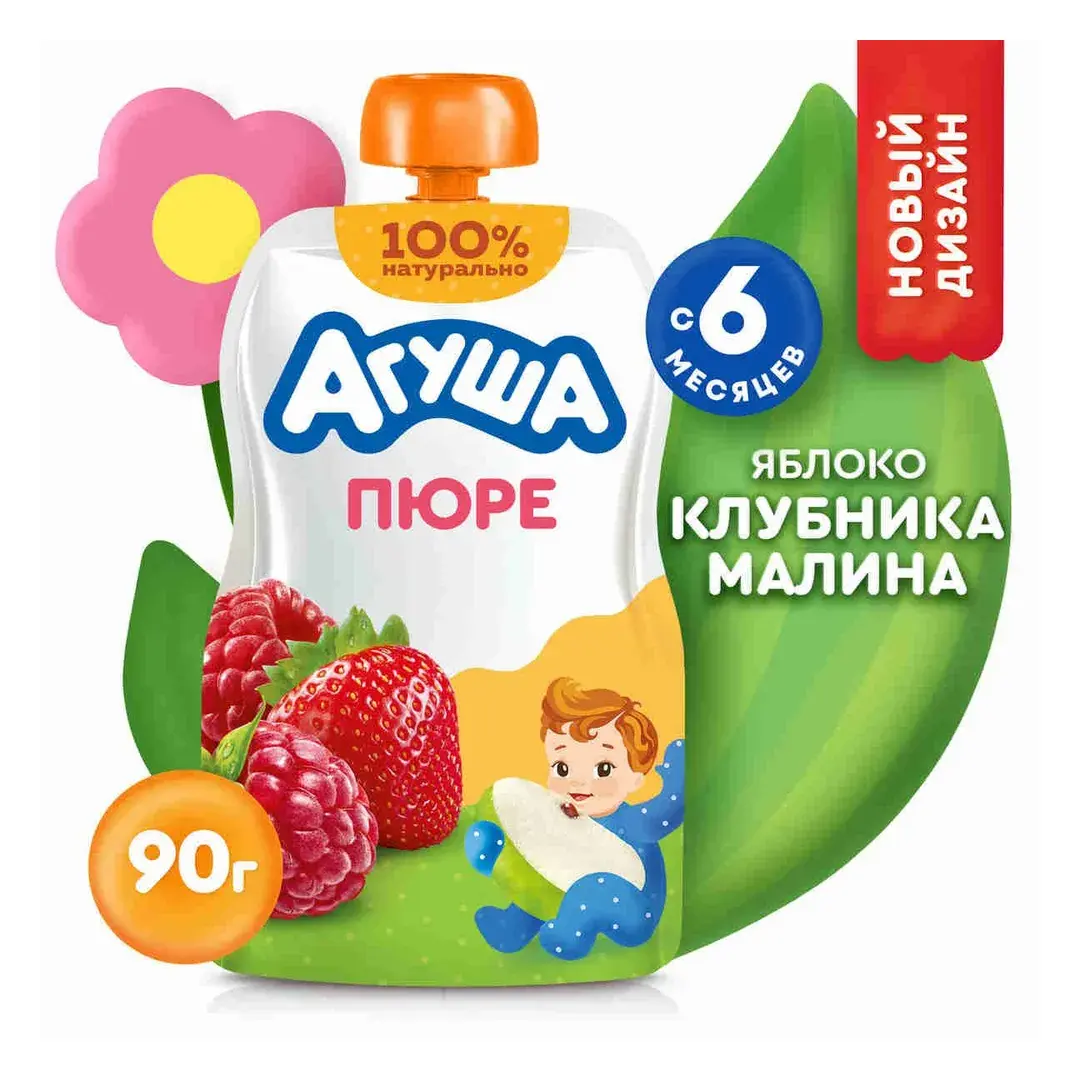 Детское фруктово-ягодное пюре Агуша Яблоко-клубника-малина, с 6 месяцев, 90г