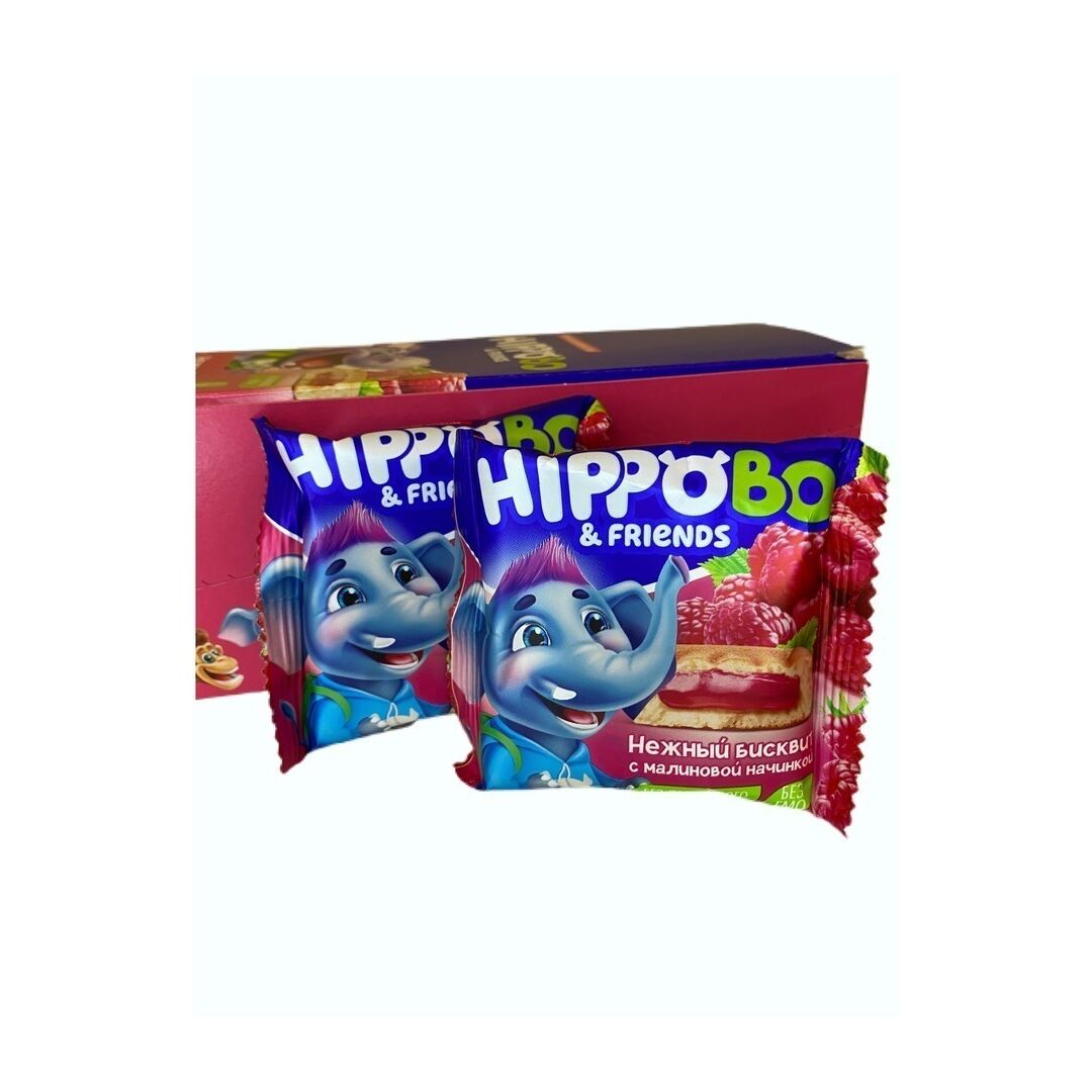 Бисквитное пирожное / HIPPO BO & friends/ с малиновой начинкой / 12 шт. Х 32 г./