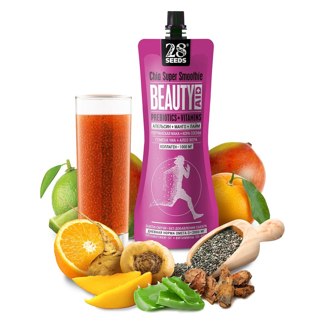 Супер-смузи 28SEEDS, смузи без сахара Чиа БЬЮТИ Апельсин + Манго + Лайм, изображение 2