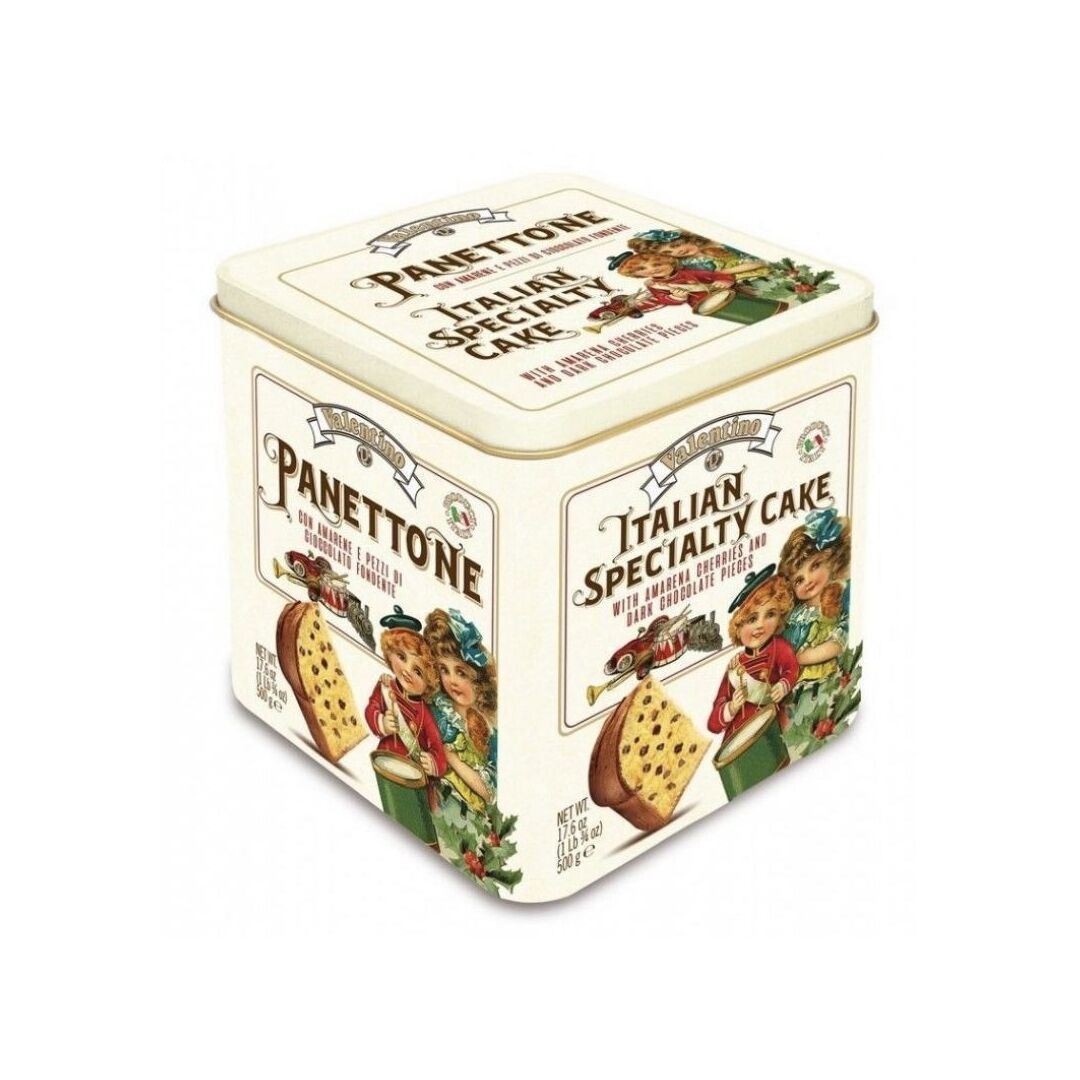 Кекс (кулич) Panettone VALENTINO с кусочками шоколада и вишней 500гр жестяная коробка  Италия, изображение 2