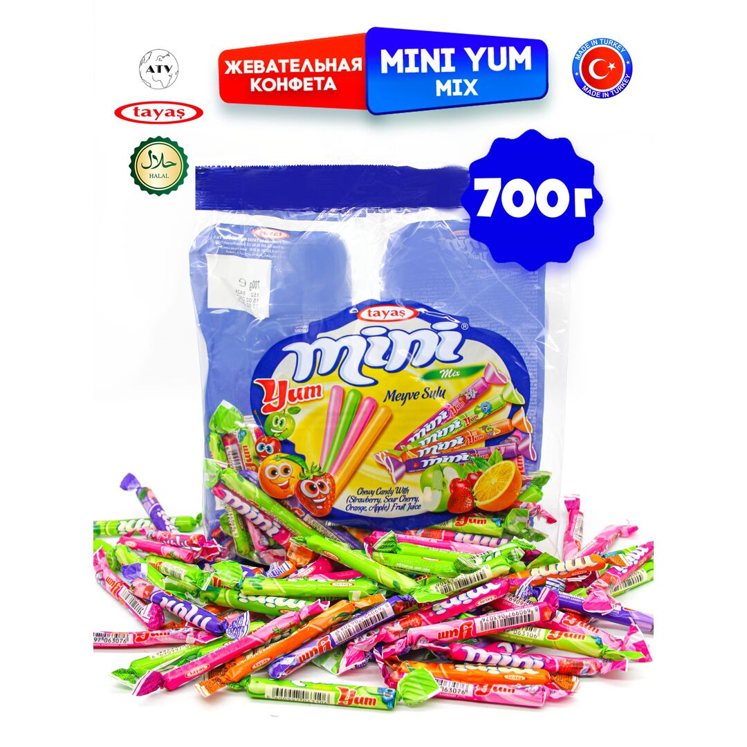 Жевательные палочки Tayas, конфетки ассорти MINIYUM 4 вкуса 700г., изображение 2