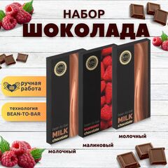 Набор шоколада, 3 плитки по 100 гр: (Молочный+Молочный+Малиновый), ручной работы. B.O.G