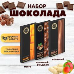 Набор шоколада, 3 плитки по 100 гр: Молочный+Манго+Молочный с фундуком, ручной работы. B.O.G