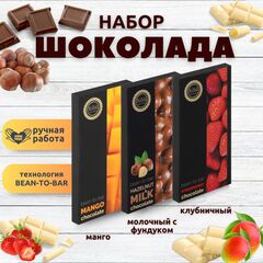 Набор шоколада, 3 плитки по 100 гр: Клубничный_Молочный с фундуком_Манго, ручной работы. B.O.G