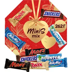 Подарочный набор Minis Mix, Большой набор шоколадных конфет Snickers, Twix, Bounty, Milky Way, Mars, 262 г